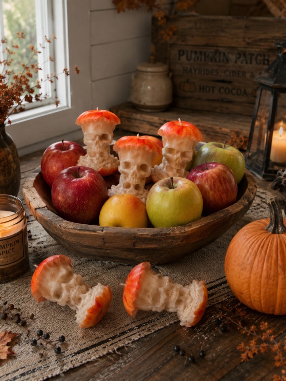 Set of 3 Handmade Halloween Skull Apple Candle | Spooky Fall Decor | - Picture 4 of 8